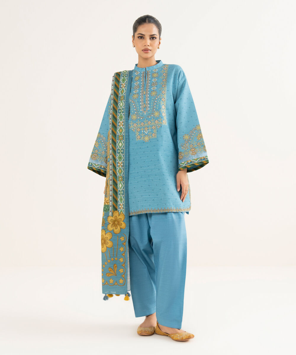 Women's Unstitched Light Khaddar Embroidered Blue 3 Piece Suit
