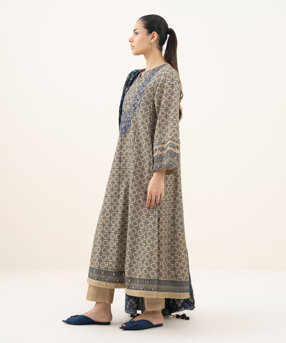 Women's Unstitched Embroidered Khaddar Beige 3 Piece Suit