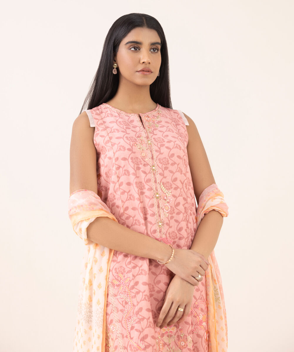 Women's Unstitched Jacquard Embroidered Pink Three Piece Suit