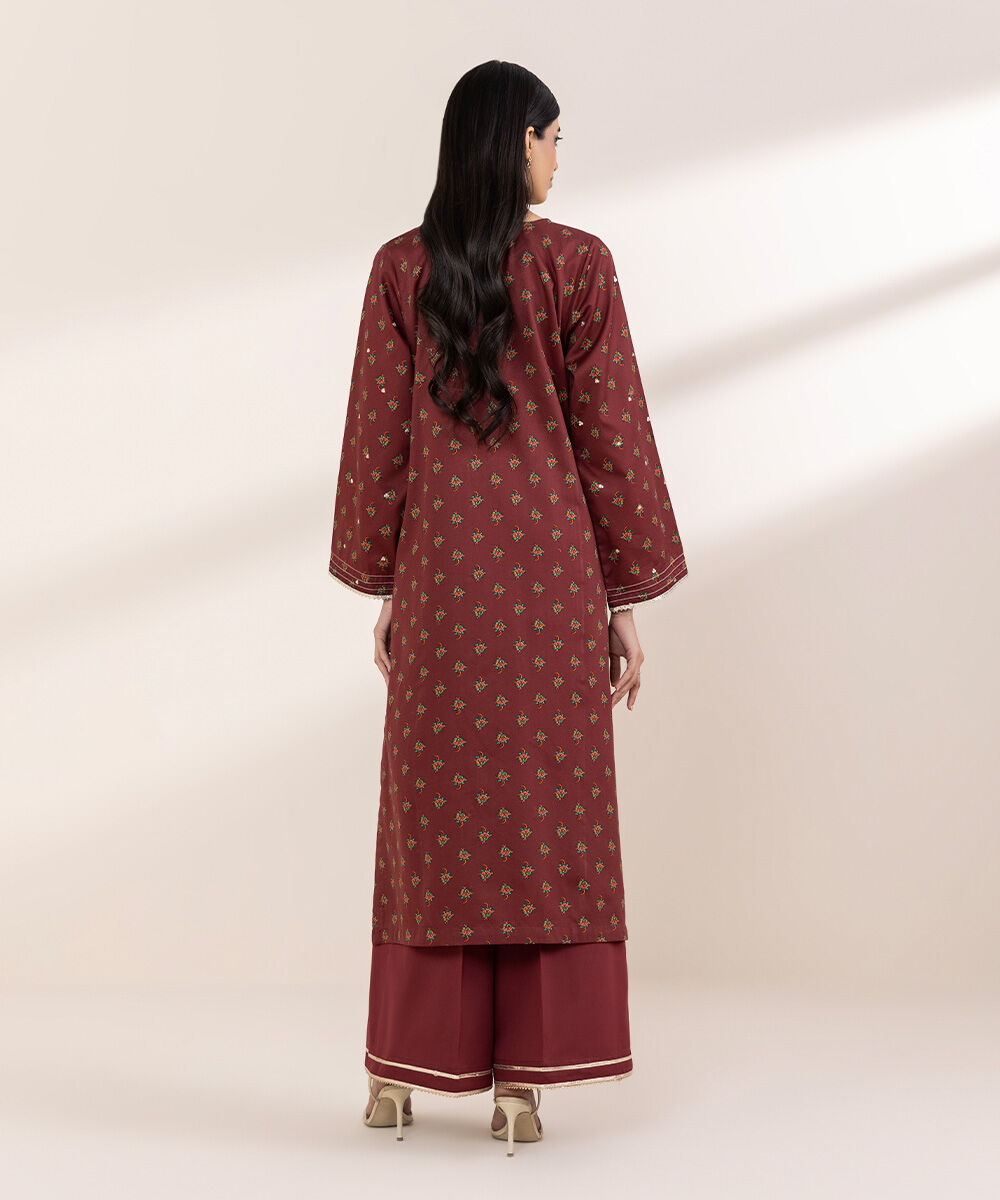 Women's RTW Cotton Satin Red Embroidered A-Line Shirt