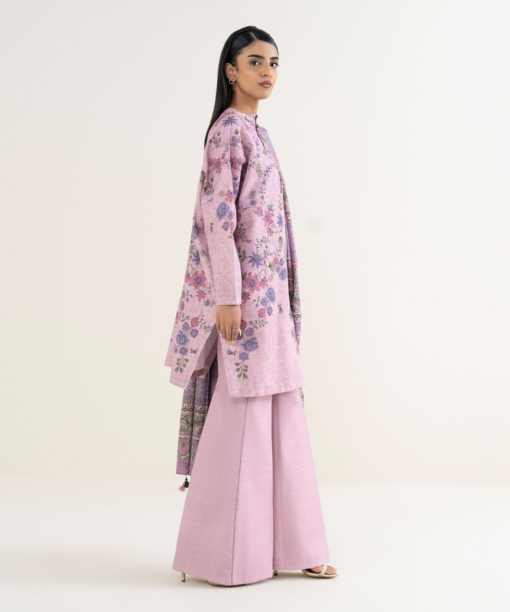 Women's Unstitched Printed Cotton Lilac 3 Piece Suit