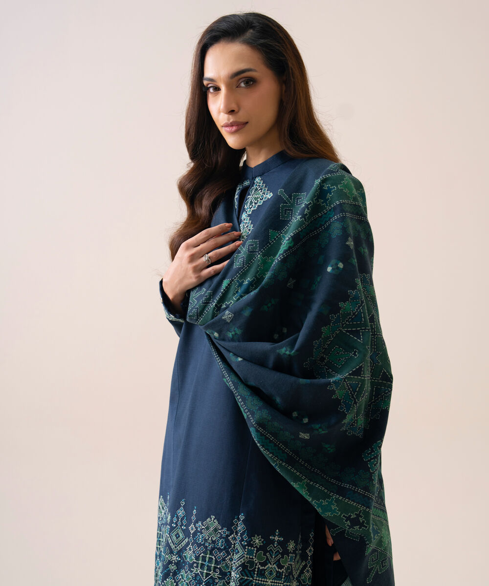 Women's Unstitched Light Khaddar Embroidered Dark Blue 3 Piece Suit