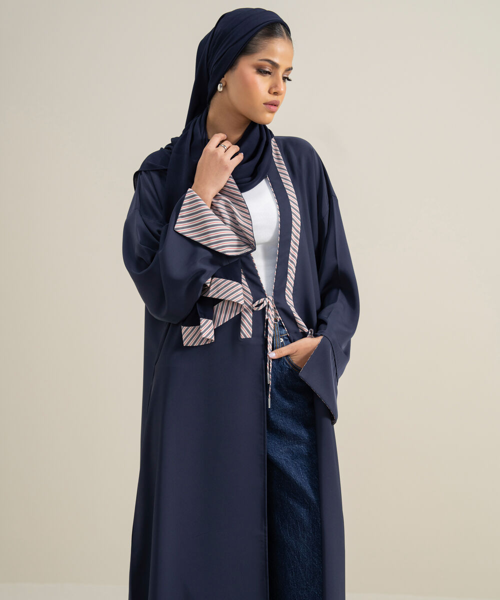 Women's Polyester Blue Front Open Regular Abbaya Set