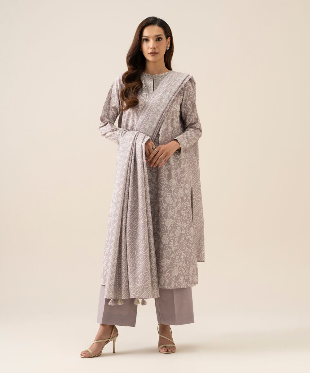 Women's Unstitched Light Khaddar Printed Light Grey 3 Piece Suit