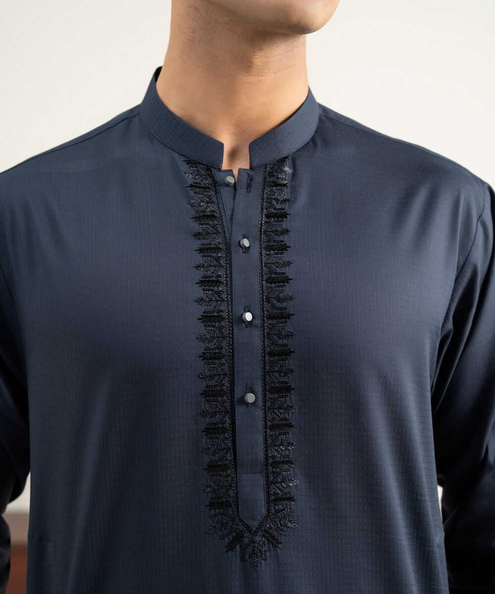 Men's Stitched Cotton Jacquard Indigo Kurta