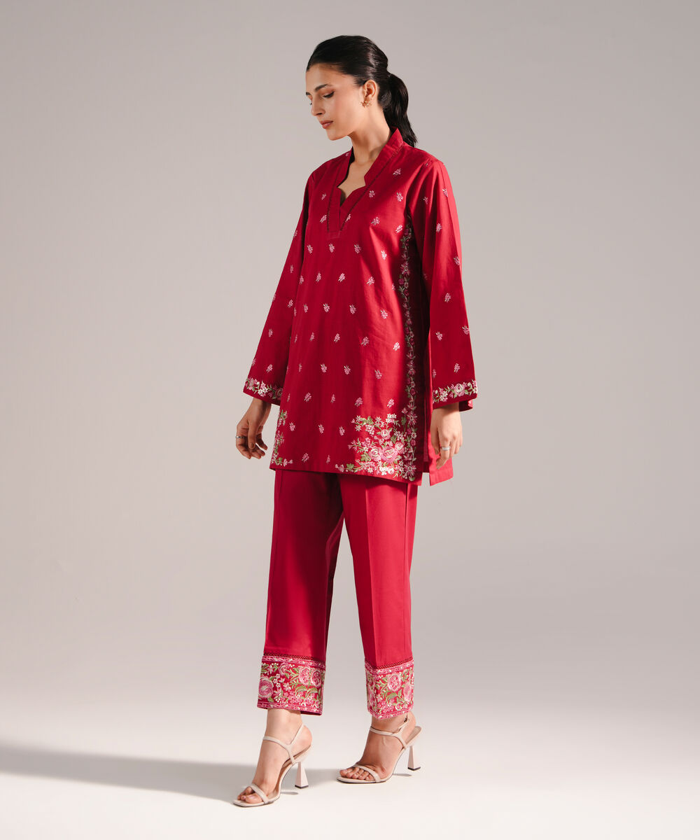 Women's RTW Slub Lawn Embroidered Maroon 2 Piece Suit