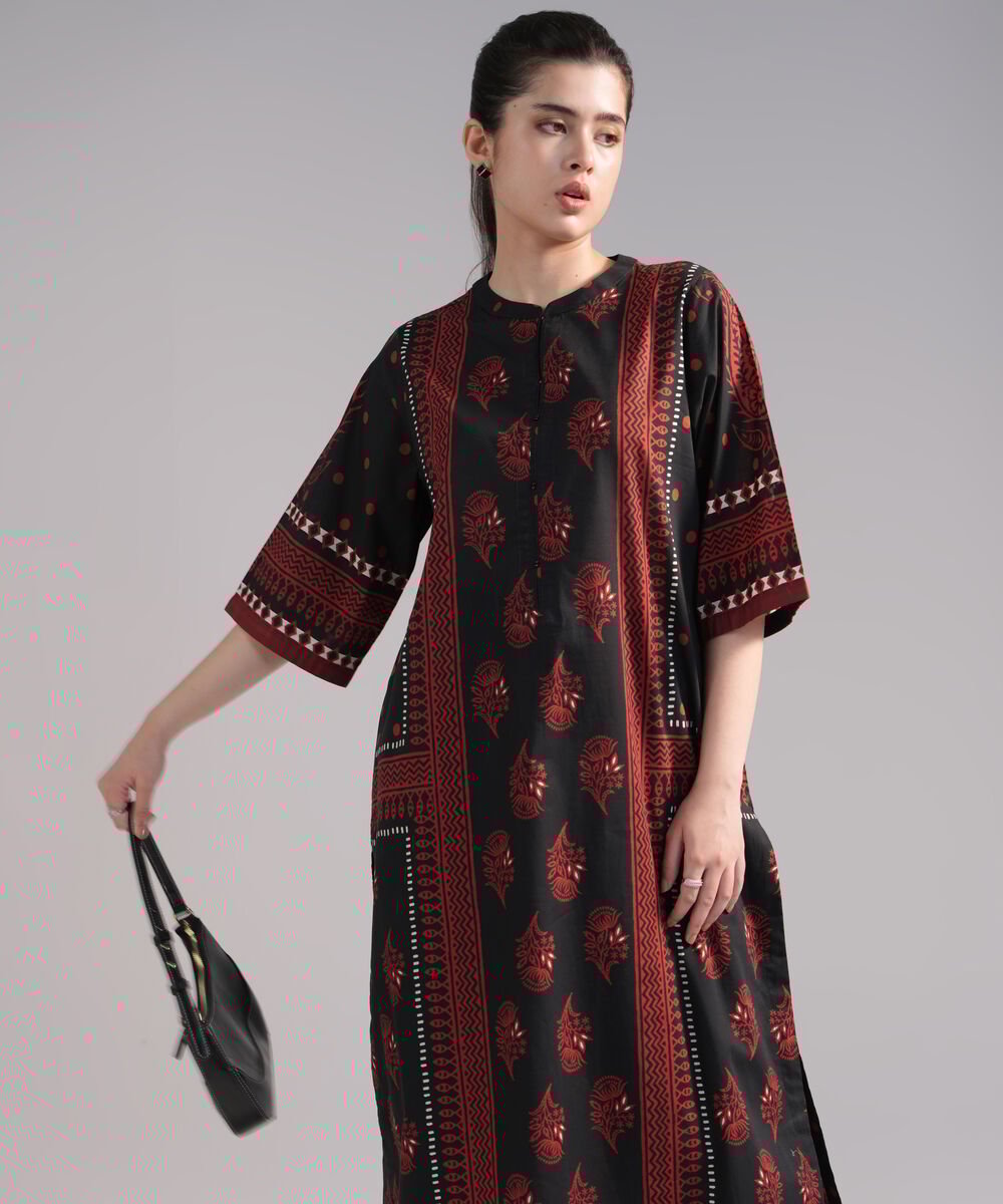 Women's RTW Slub Lawn Printed Black A-Line Shirt