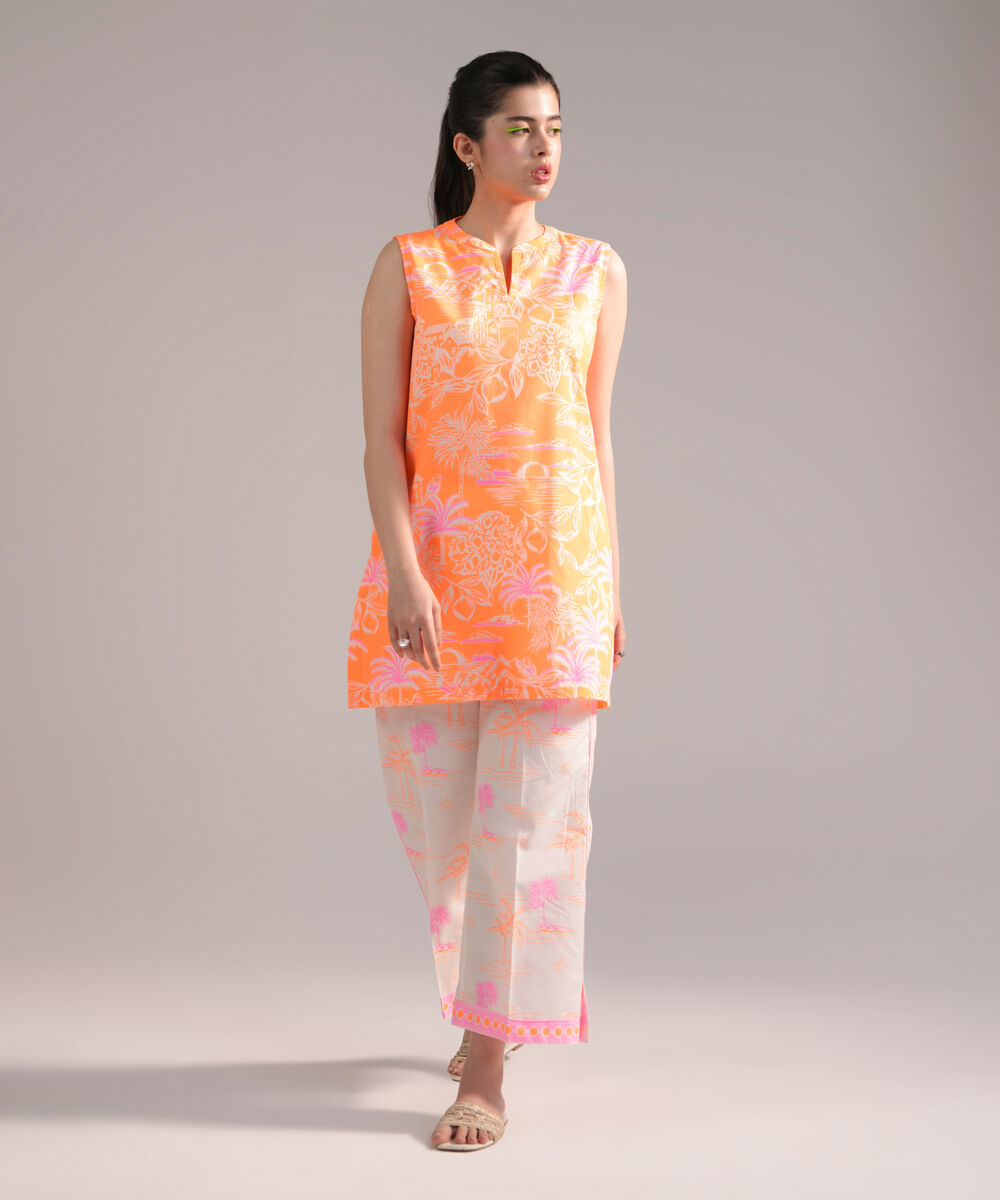 Women's RTW Dobby Printed Bright Orange 2 Piece Suit