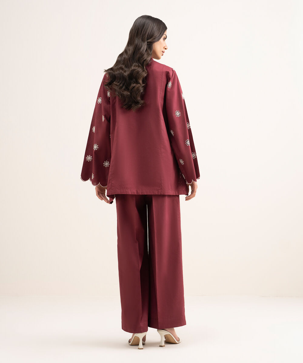 Women's RTW Dobby Embroidered Red Straight Shirt