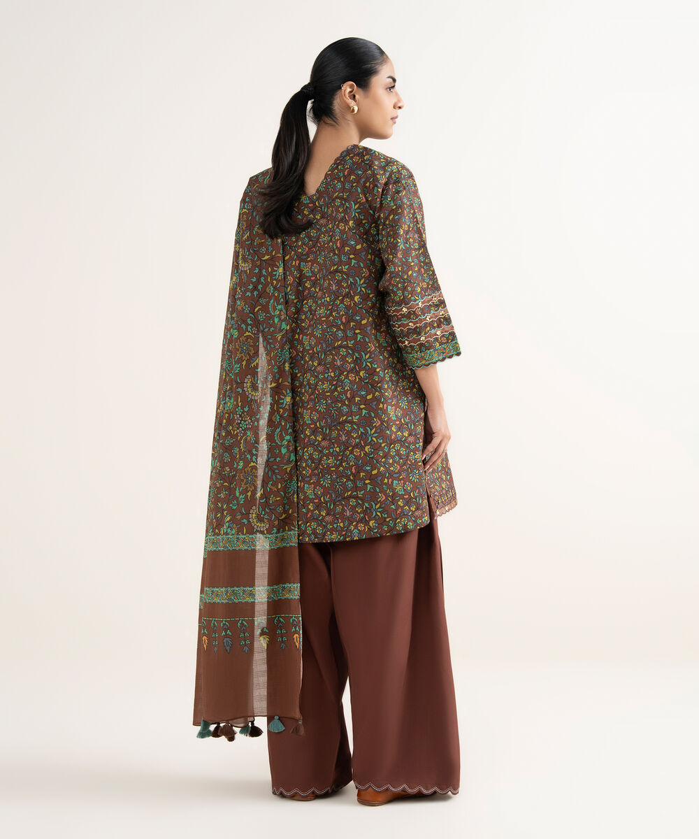 Women's Unstitched Lawn Printed Brown 3 Piece Suit