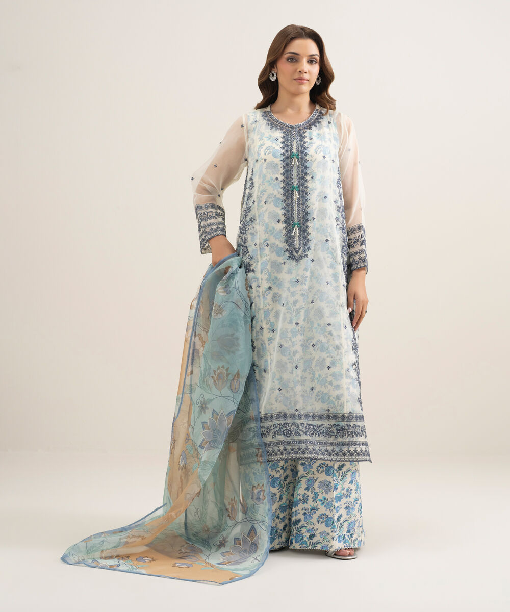 Women's RTW Blended Organza Embroidered Off White 3 Piece Suit