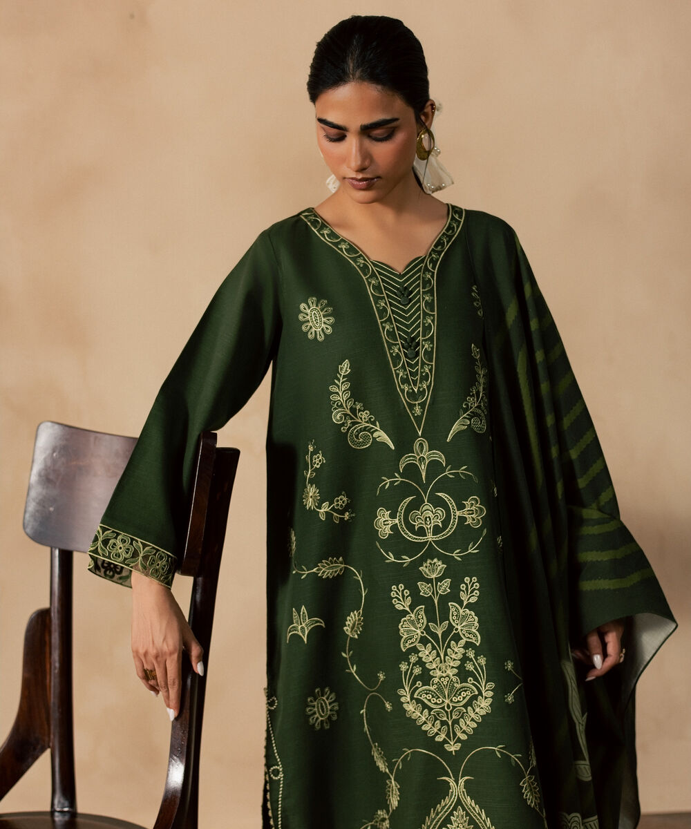 Women's Unstitched Light Khaddar Embroidered Green 3 Piece Suit