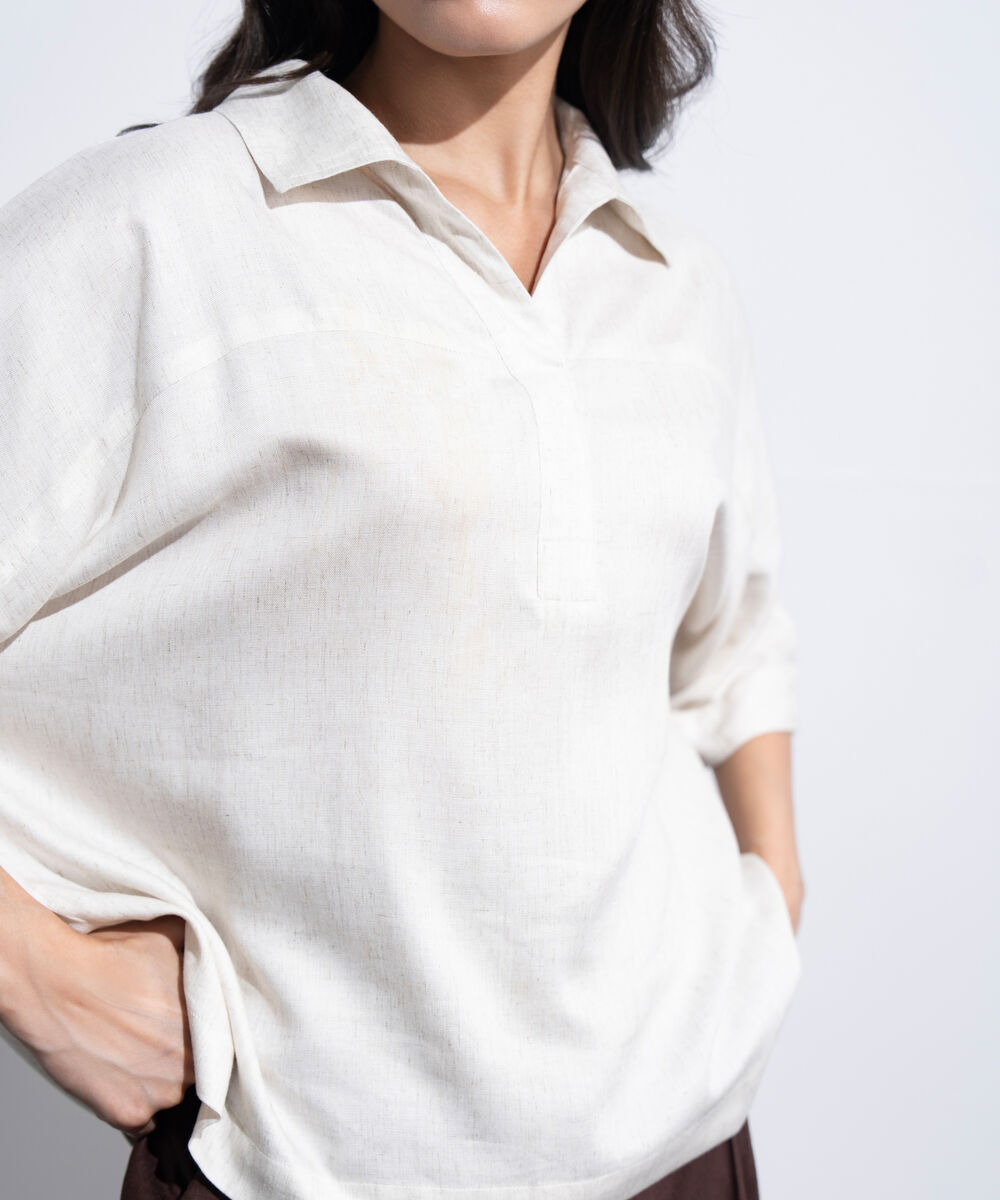 Women's Western Off-white Loose-Fit Linen Top