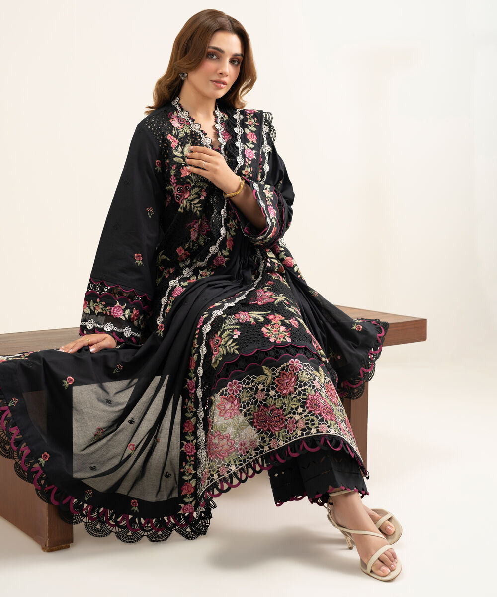 Women's Unstitched Lawn Embroidered Black 3 Piece Suit
