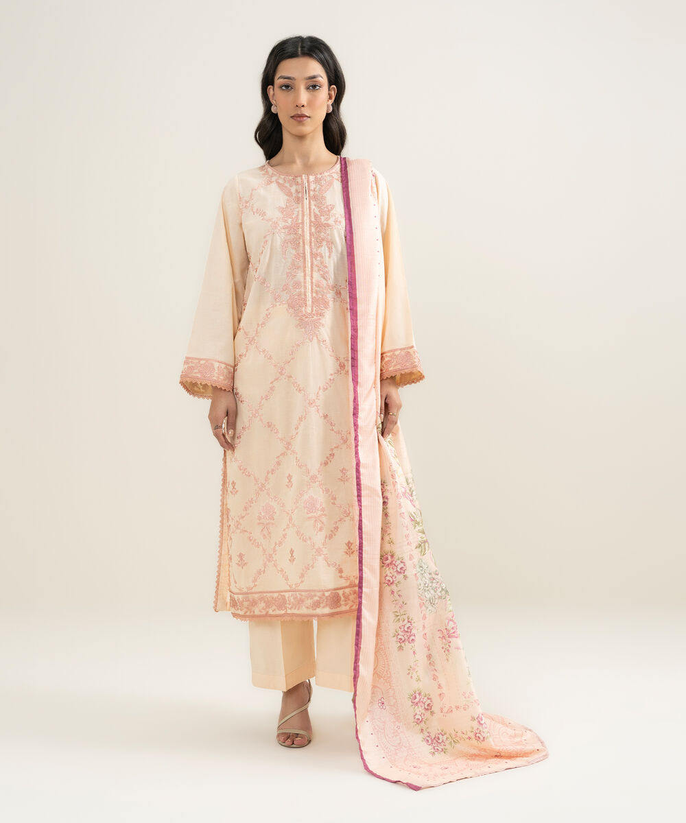 Women's RTW Self Jacquard Embroidered Peach A-Line Shirt