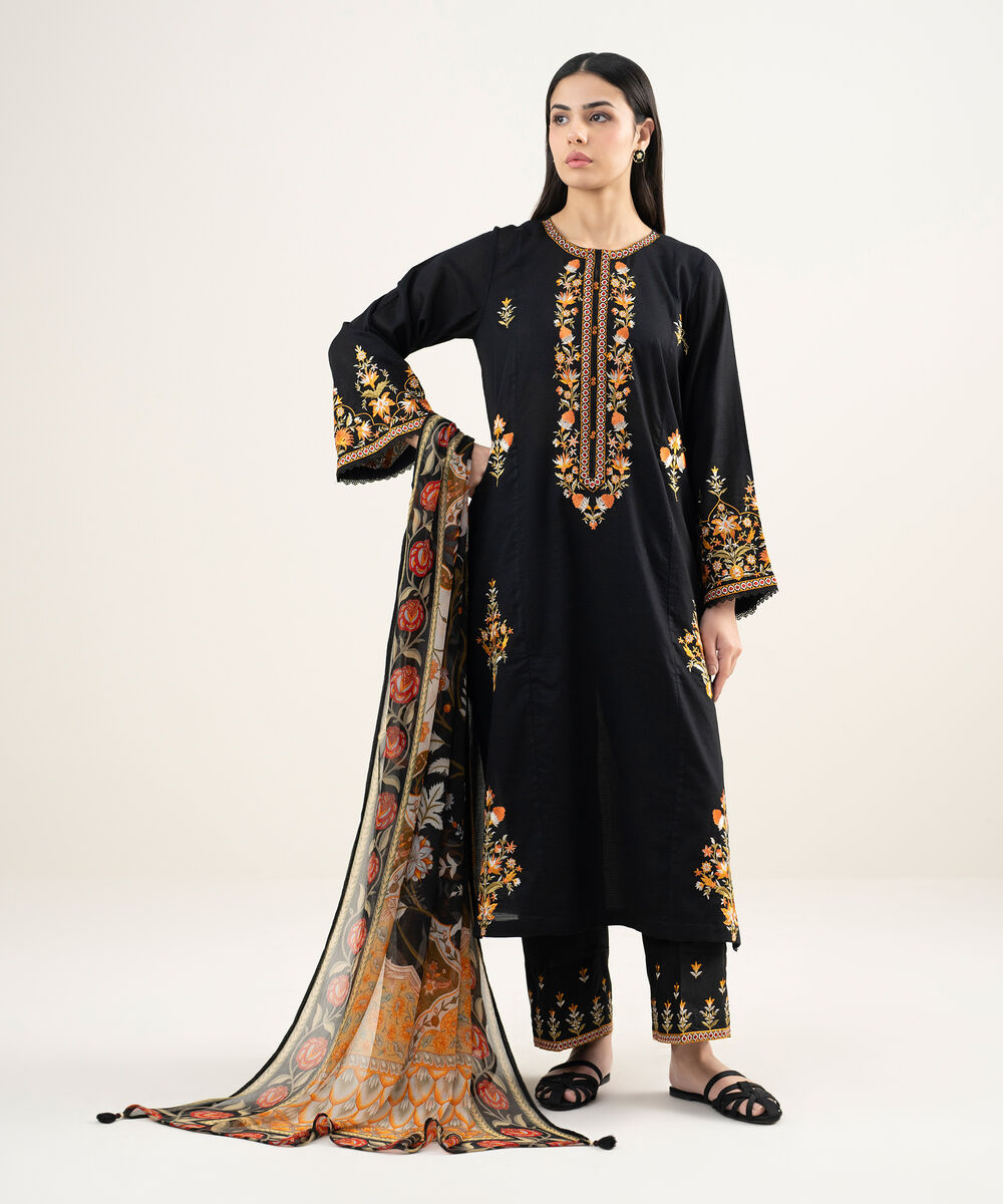 Women's RTW Dobby Embroidered Black A-Line Shirt