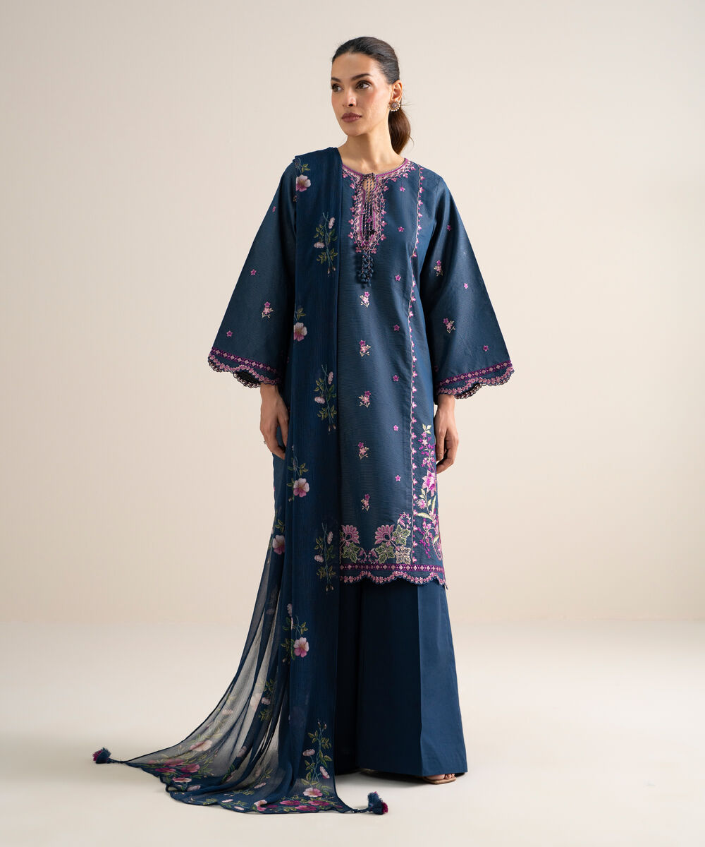 Women's Unstitched Zari Lawn Embroidered Blue 3 Piece Suit