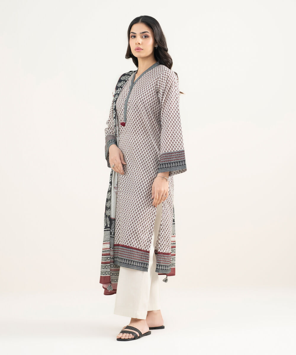 Women's RTW Lawn Printed White 3 Piece Suit