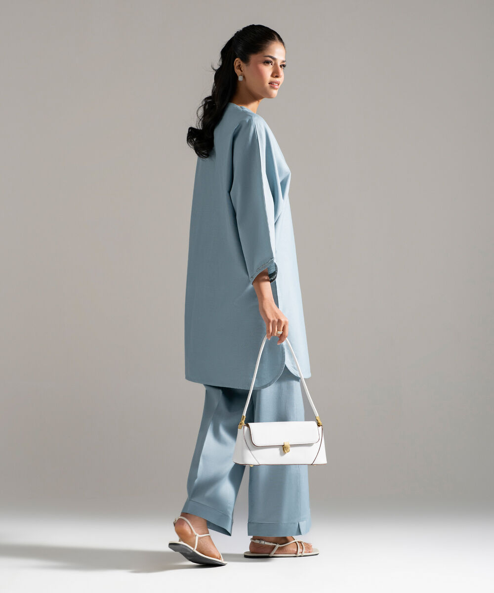 Women's RTW Cotton Linen Solid Blue 2 Piece Suit