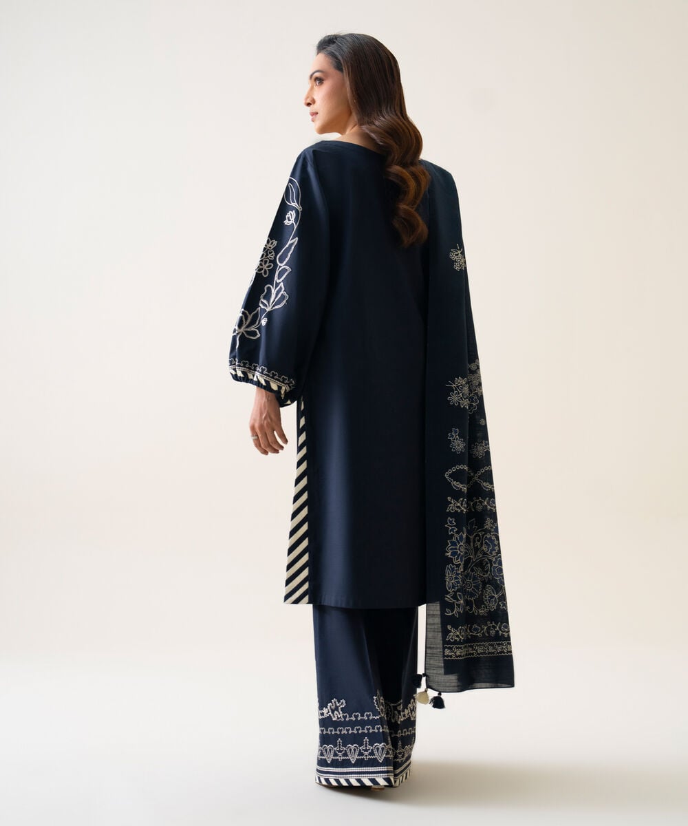 Women's Unstitched Textured Cotton Embroidered Dark Blue 3 Piece Suit