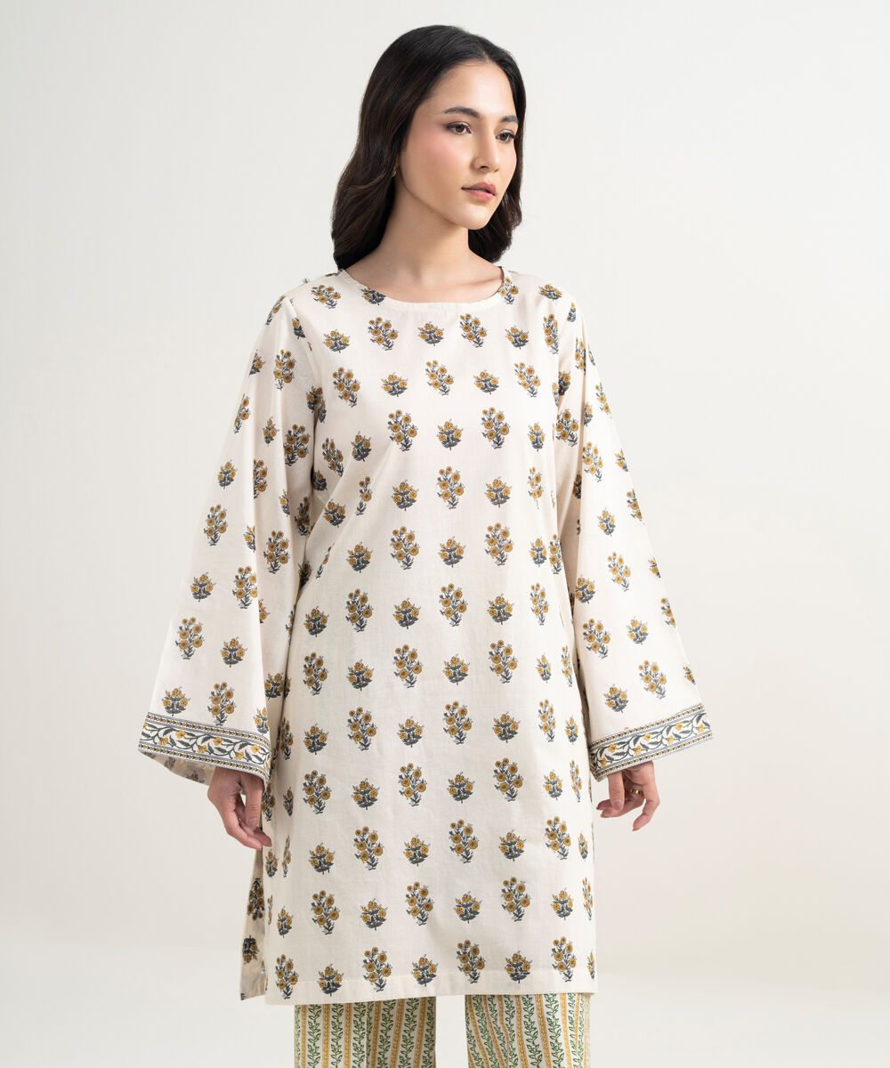 Women's RTW Lawn Printed Cream White Straight Shirt