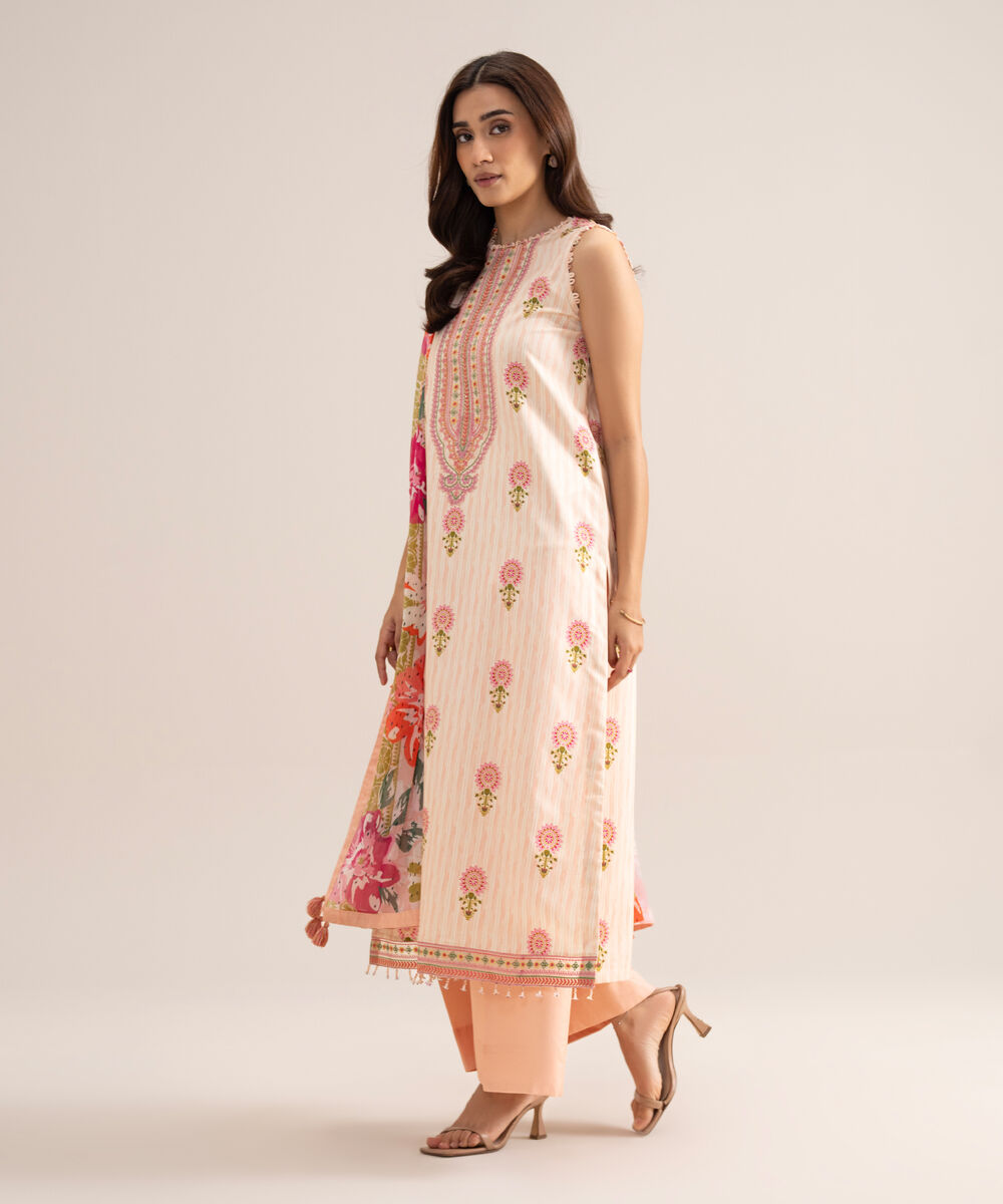 Women's Unstitched Arabic Lawn Embroidered Light Peach & White  3 Piece Suit