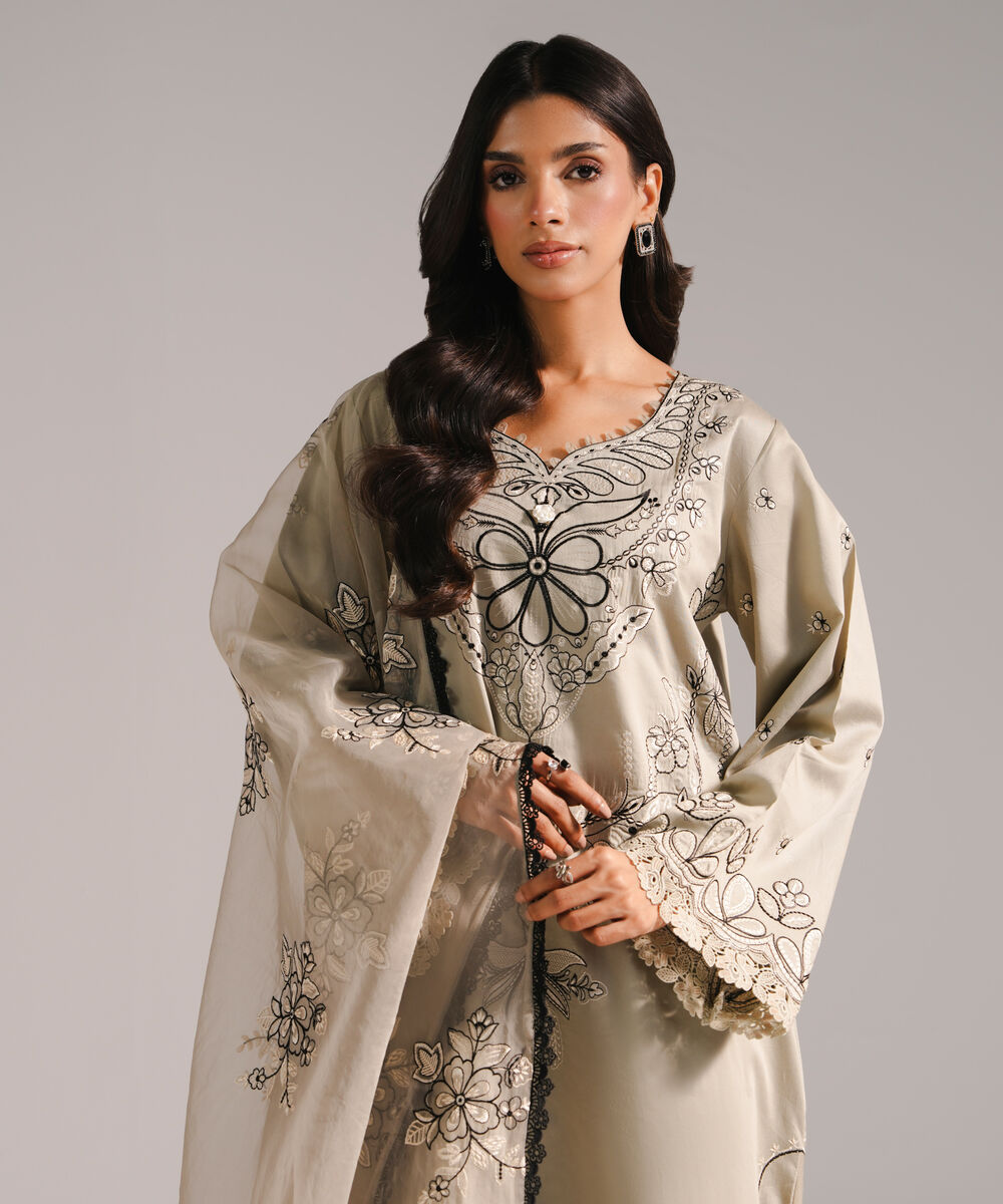 Women's RTW Cotton Satin Embroidered Grey 3 Piece Suit