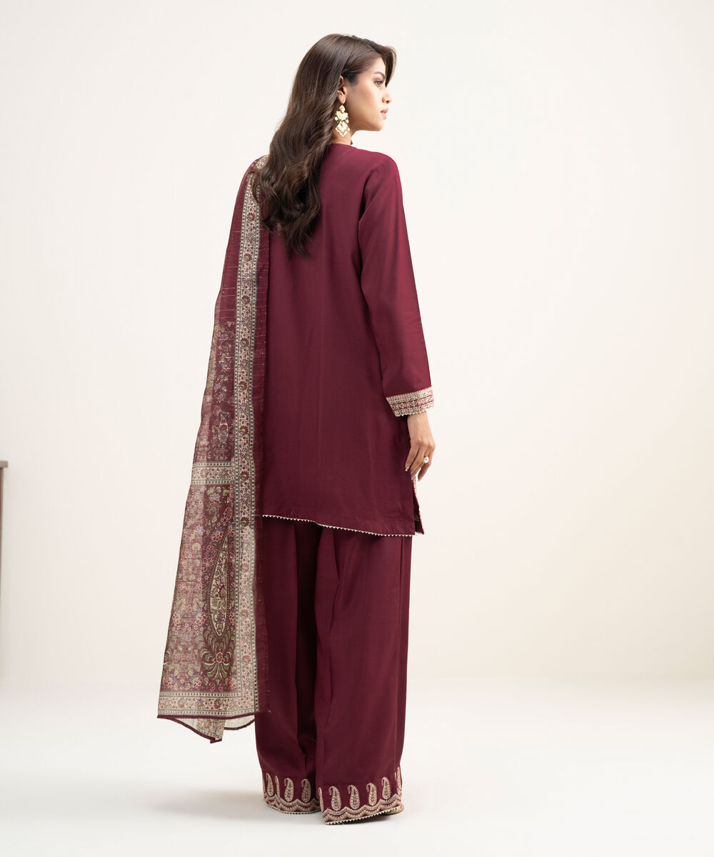 Women's RTW Viscose Raw Silk Embroidered Maroon 3 Piece Suit