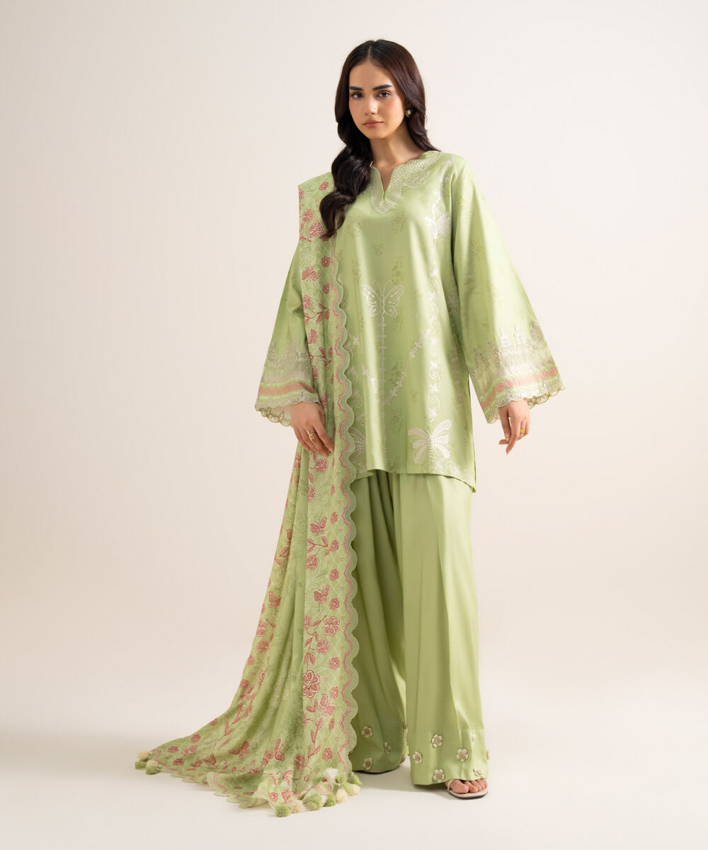 Women's Unstitched Embroidered Linen Light Mint Green 3 Piece Suit