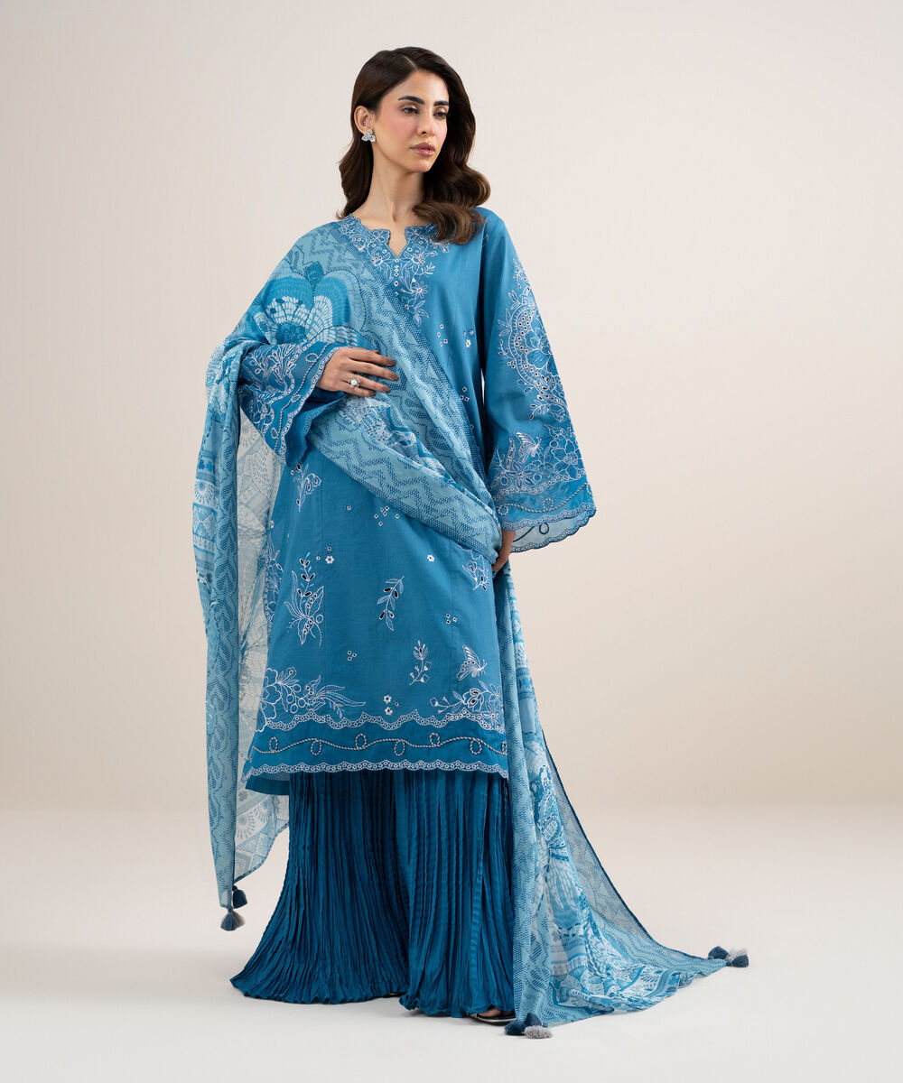 Women's Unstitched Textured Lawn Embroidered Blue 3 Piece Suit