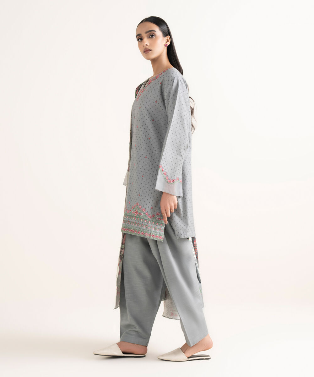 Women's Unstitched Khaddar Embroidered Grey 3 Piece Suit