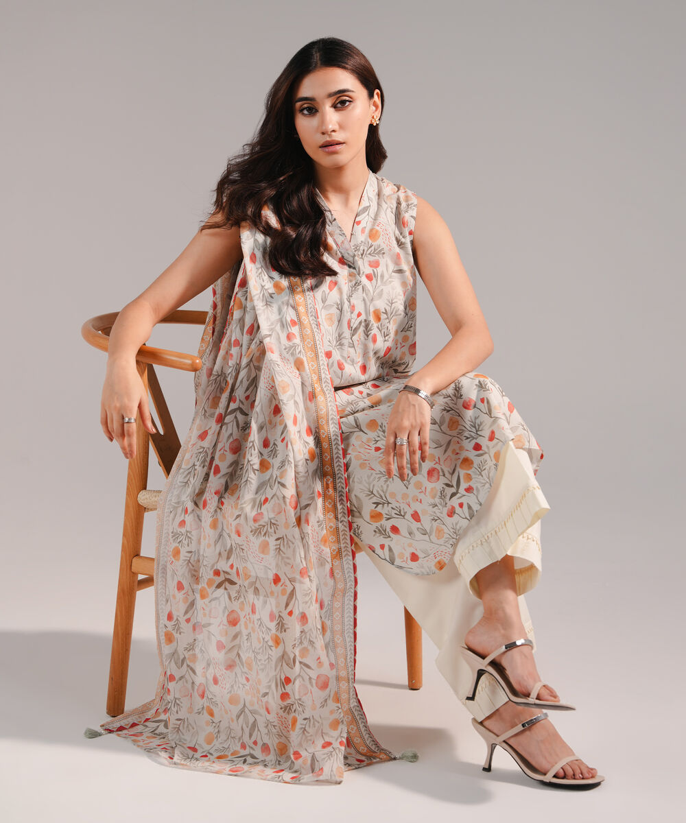 Women's RTW Cotton Viscose Printed Grey 2 Piece Suit