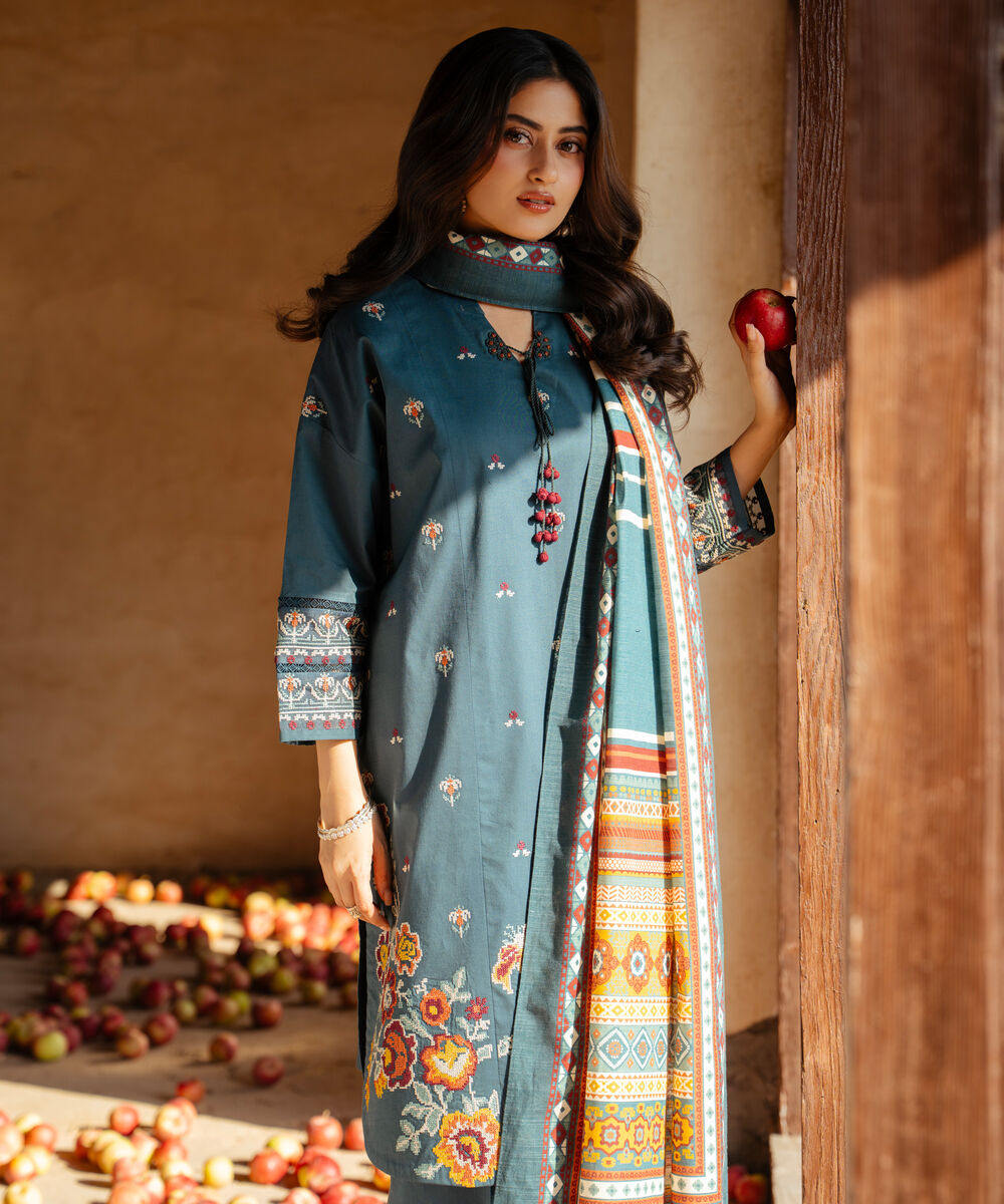 Women's Unstitched Embroidered Cross Hatch Teal Green 3 Piece Suit