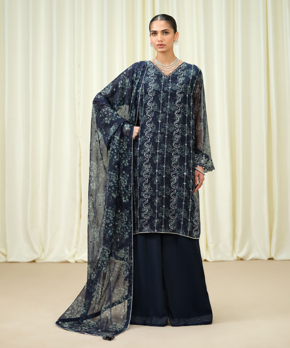 Women's Unstitched Blended Chiffon Embroidered Blue 3 Piece Suit