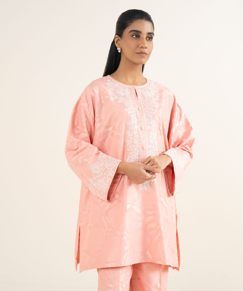 Women's RTW Jacquard Embroidered Pink A-Line Shirt