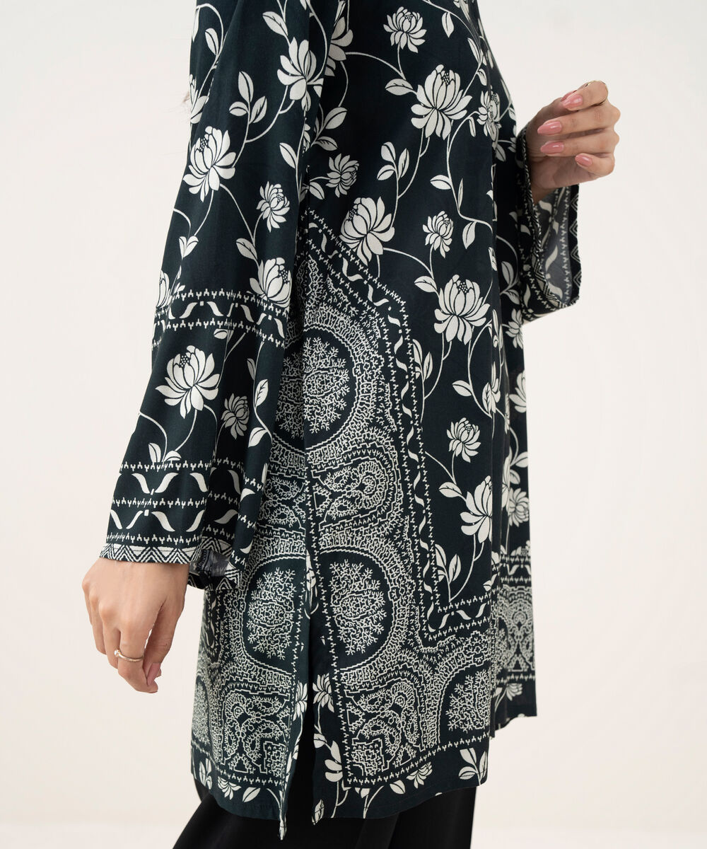 Women's RTW Linen Viscose Printed Black Straight Shirt