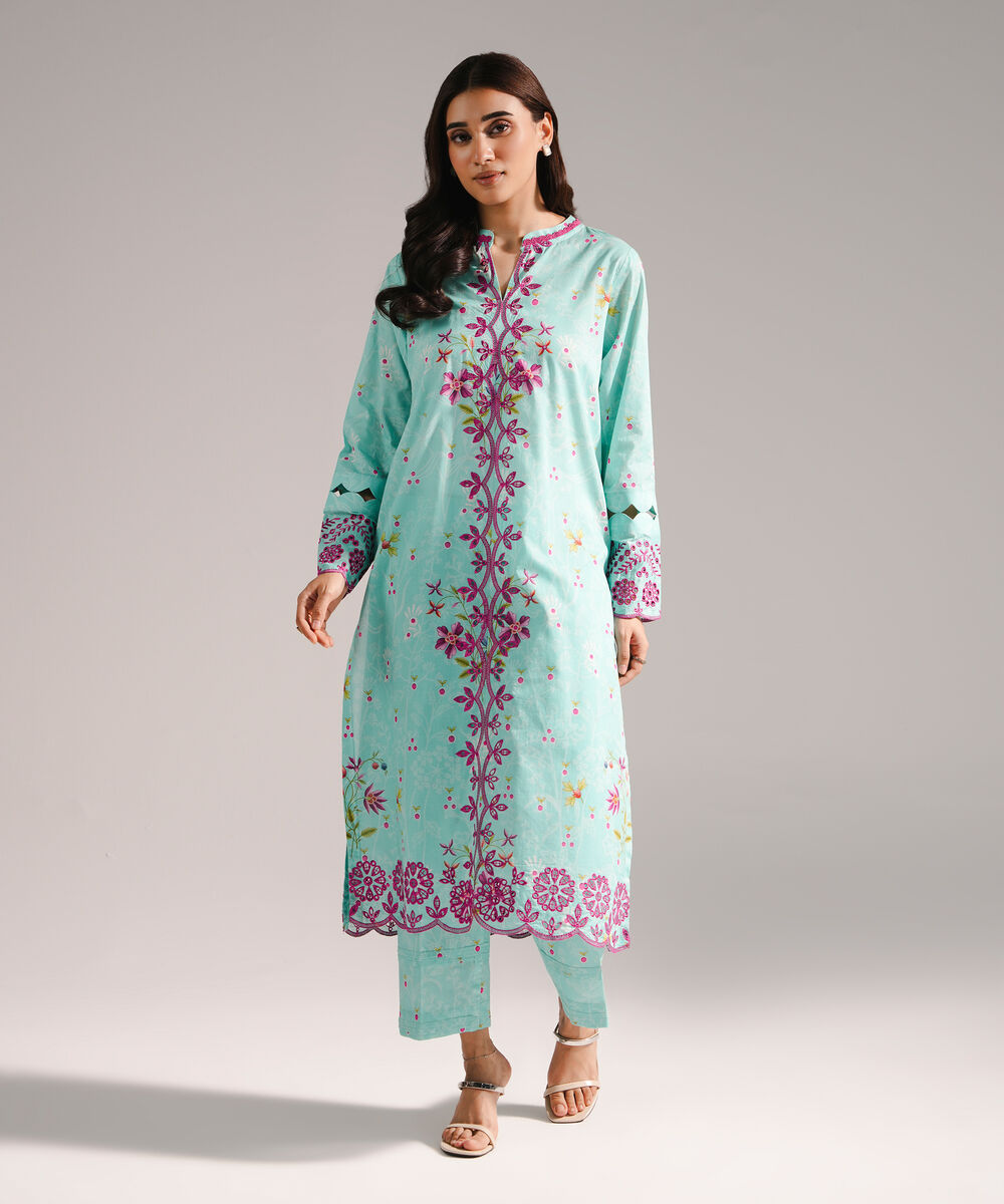 Women's RTW Lawn Embroidered Straight Turquoise Shirt