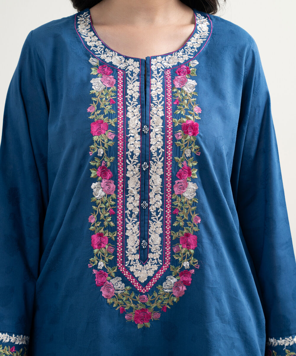 Women's RTW Self Jacquard Embroidered Blue 3 Piece Suit