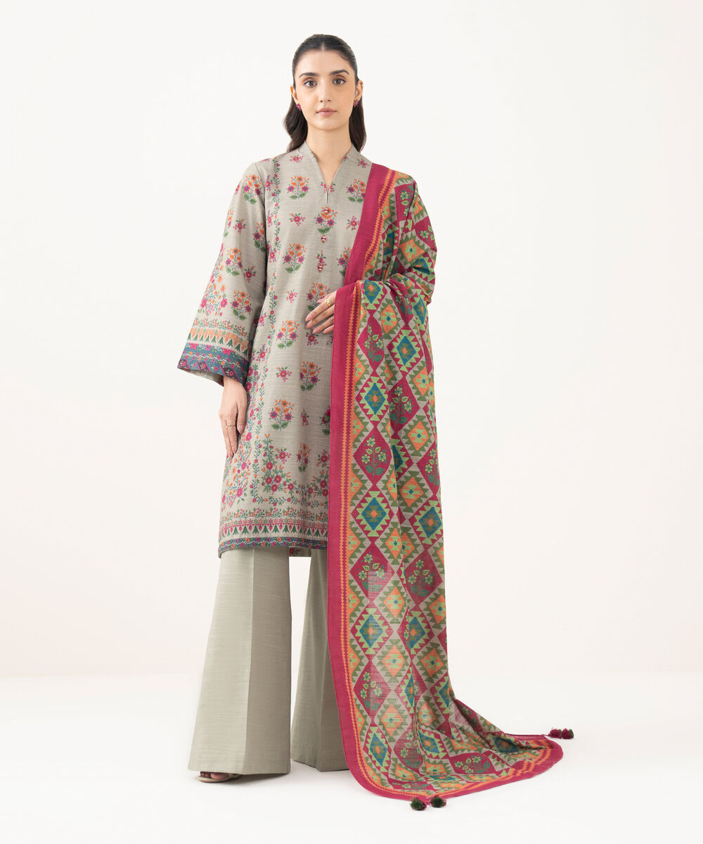Women's Unstitched Khaddar Printed Beige   3 Piece Suit