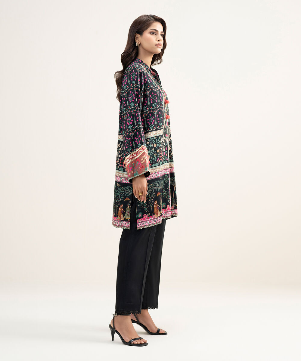 Women's RTW Premium Visocose Satin Printed Black Straight Shirt