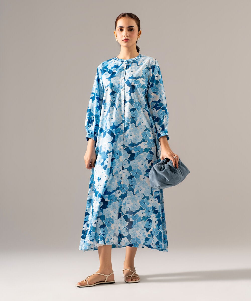 Women's RTW Cotton Viscose Printed Blue Dress