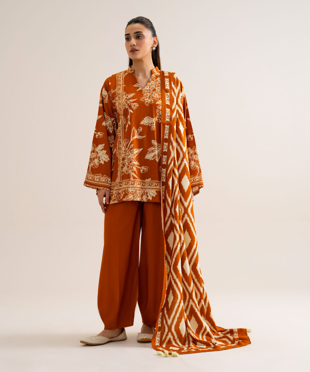 Women's Unstitched Viscose Linen Printed Orange 3 Piece Suit