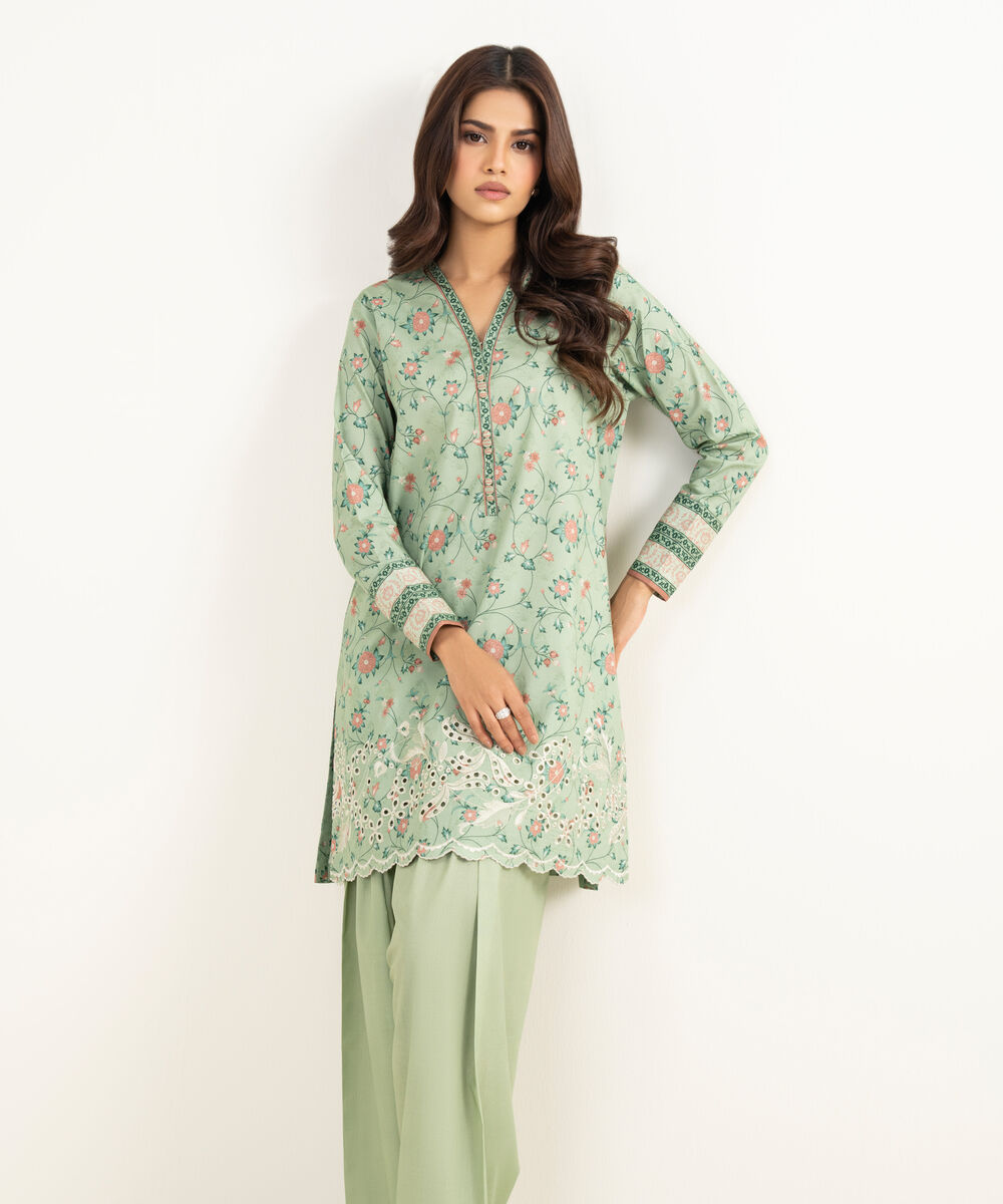 Women's Unstitched Lawn Embroidered Green 2 Piece Suit
