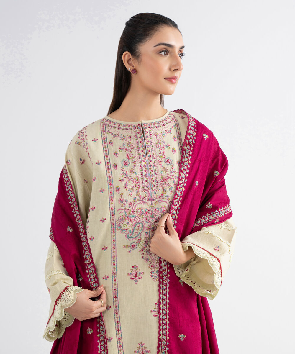 Women's Unstitched Cross Hatch Embroidered Off White 3 Piece Suit