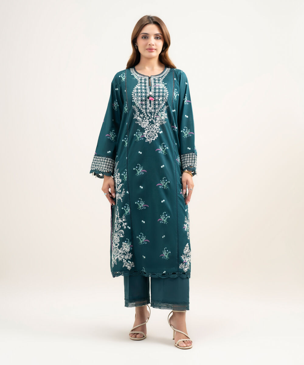 Women's RTW Lawn Embroidered Teal A-Line Shirt