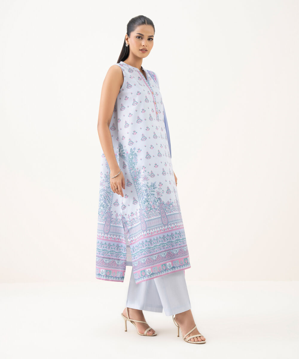 Women's Unstitched Cotton Printed Blue 3 Piece Suit