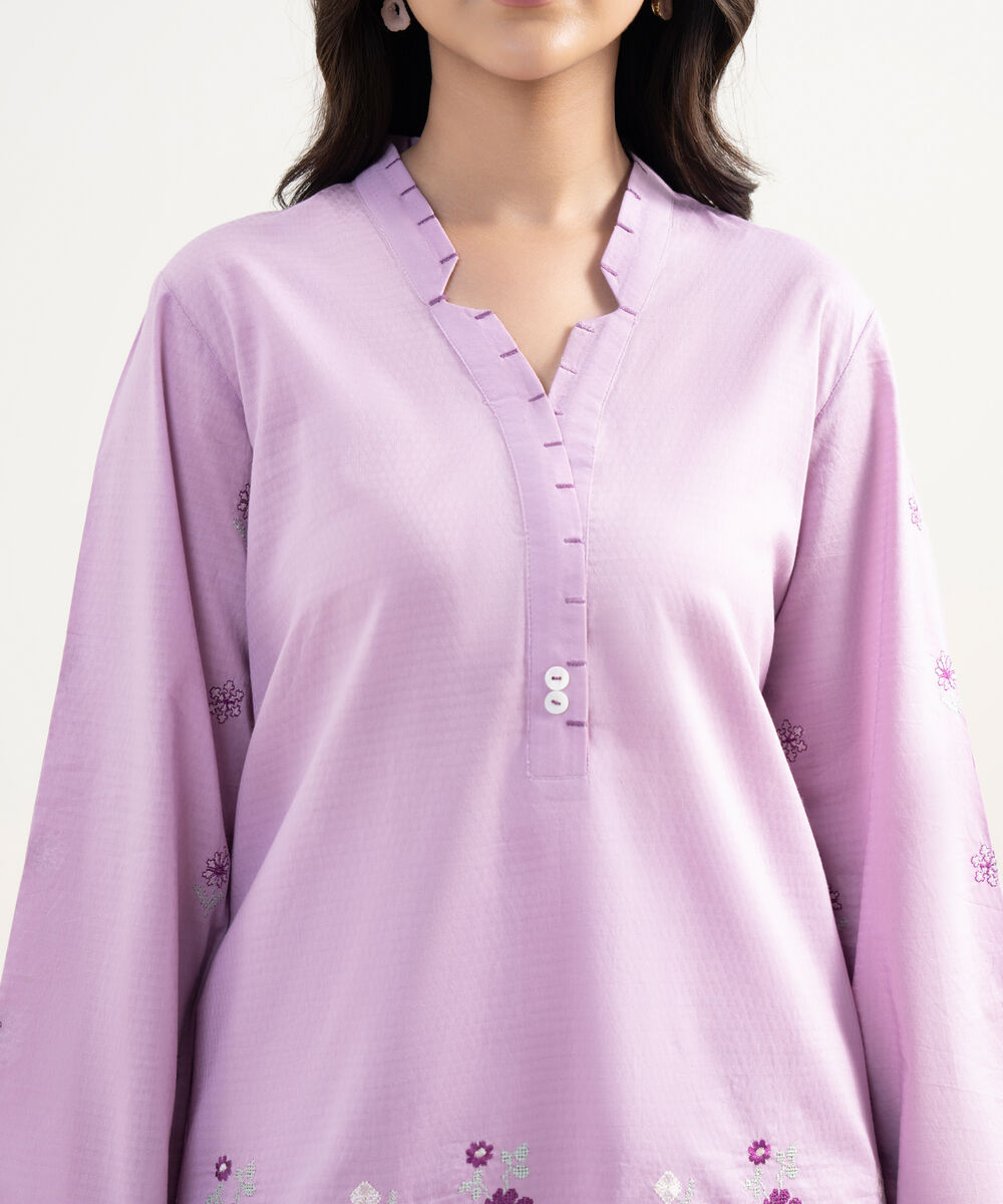 Women's RTW Dobby Embroidered Purple Straight Shirt