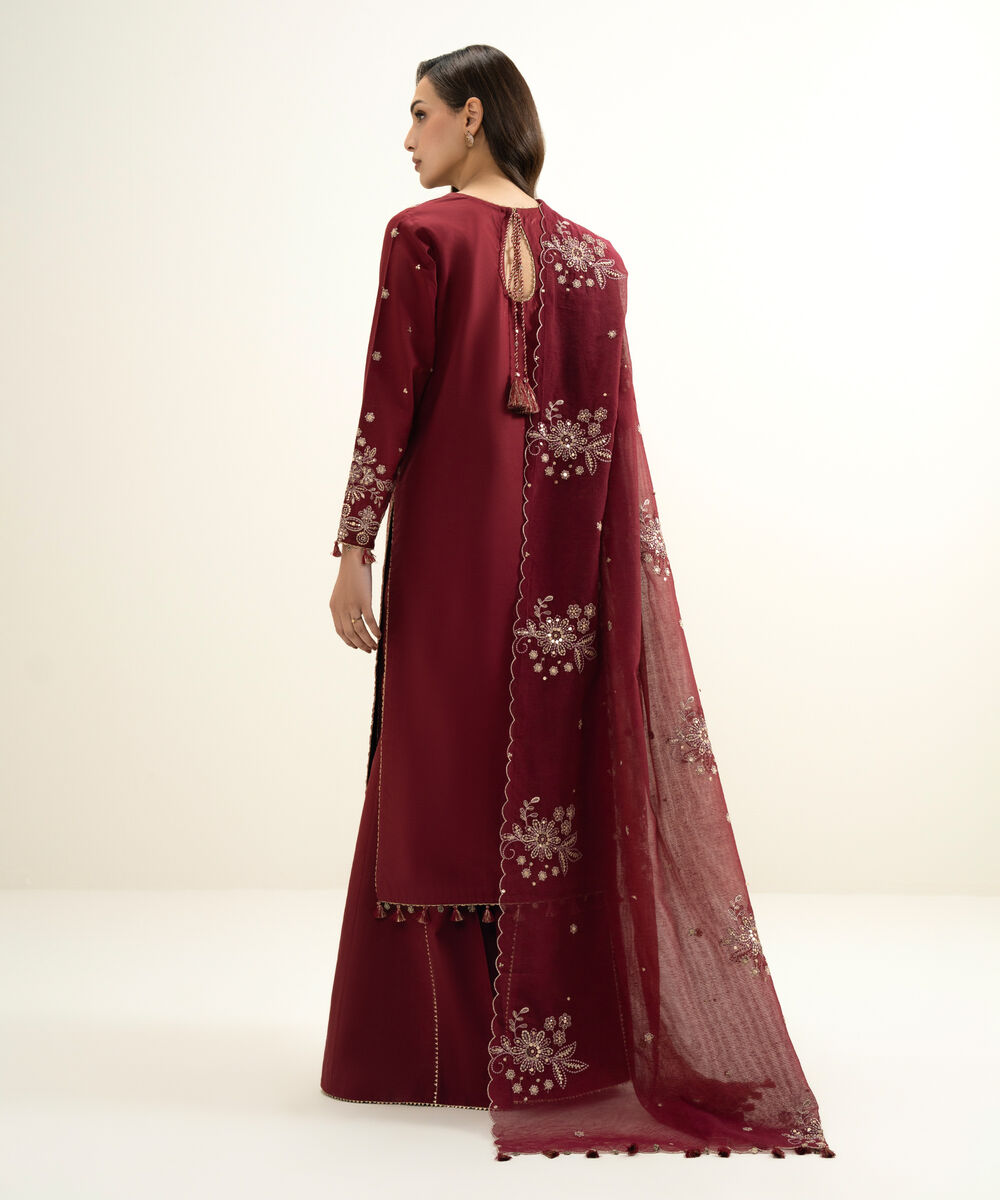 Women's Unstitched Lawn Embroidered Red 3 Piece Suit