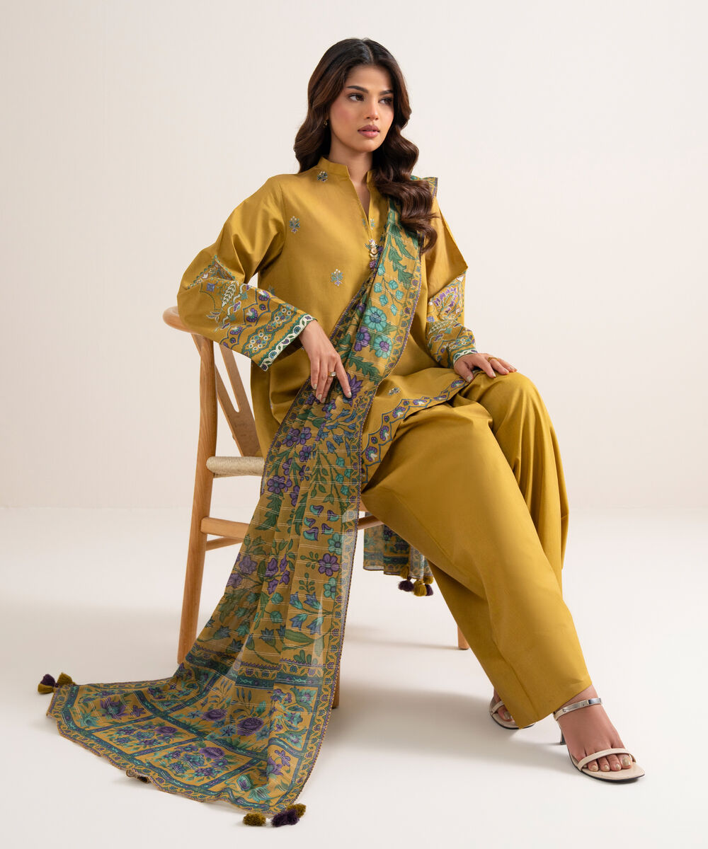 Women's Unstitched Embroidered Cotton Mustard 3 Piece Suit