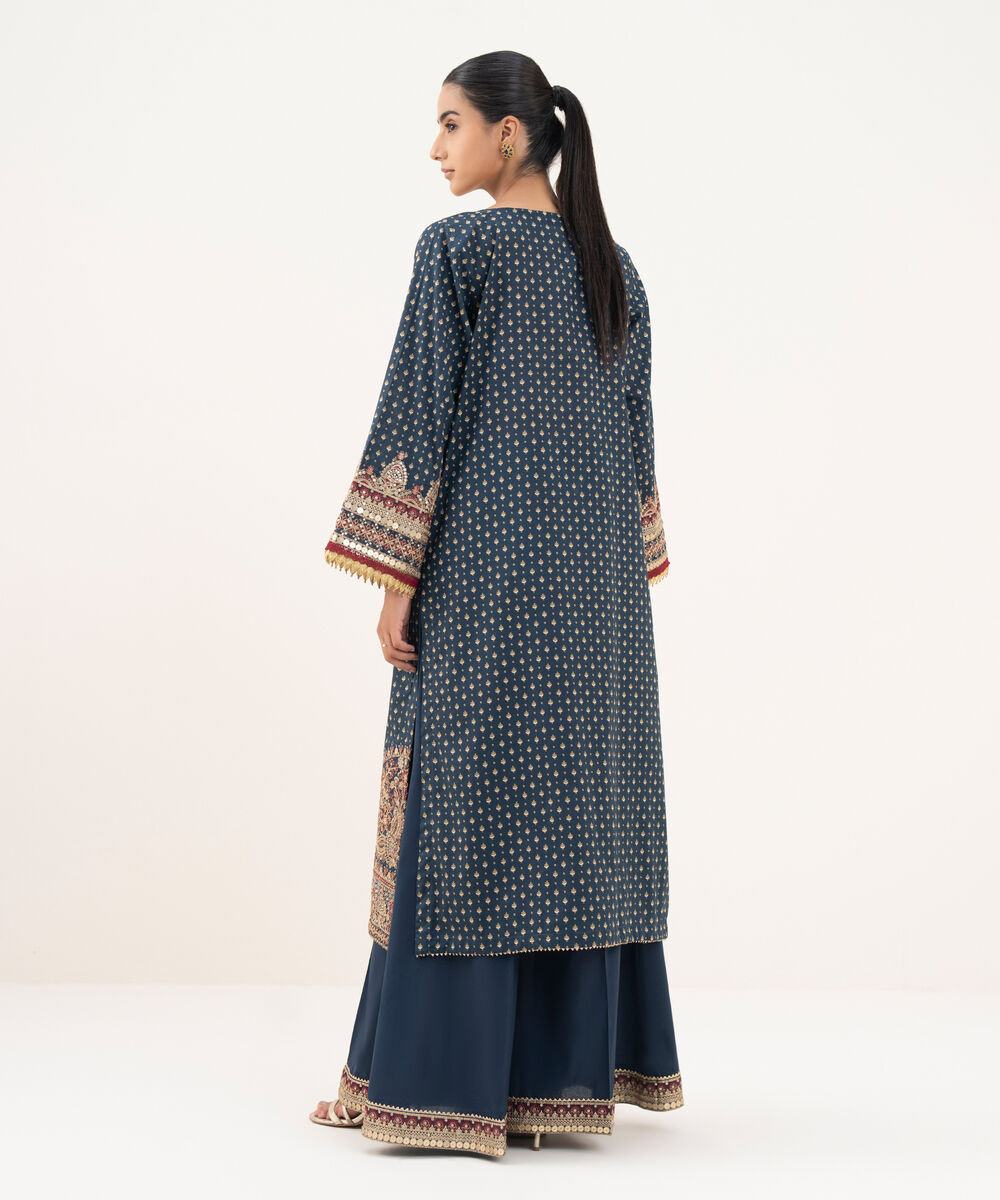 Women's RTW Textured Lawn Blue Embroidered A-Line Shirt